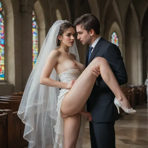 Bride and groom, couple, anal, 1boy, 1girl, in public, boobs, in love, in orthodox church, BDSM, squirt