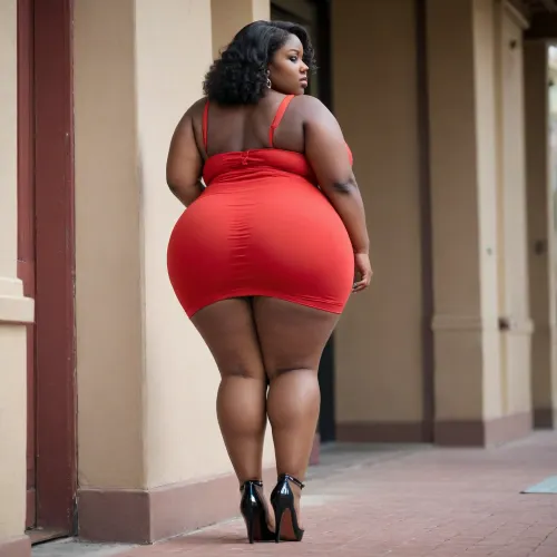 a fat, short bbw, busty 25 year old very black women, plump, BIG wide ass, from the side, thick thighs, very huge breasts. narrow waist, red, micro skirt