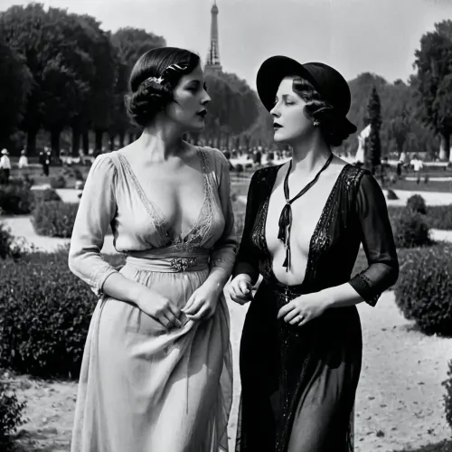 1920s vintage black and white photograph, frivolous milfs sheer in Parisian park, style of Alexandre dupouy, fdec, <lora:fdec:.8>
