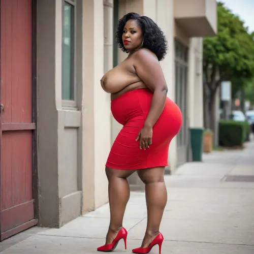 a fat, short bbw, busty 48 year old very black women, plump, BIG wide ass, from the side, thick thighs, very huge breasts. narrow waist, red, micro skirt