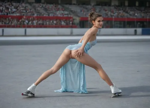 Hungarian ice sluts: nude skaters, open pussies, split stance, public duet