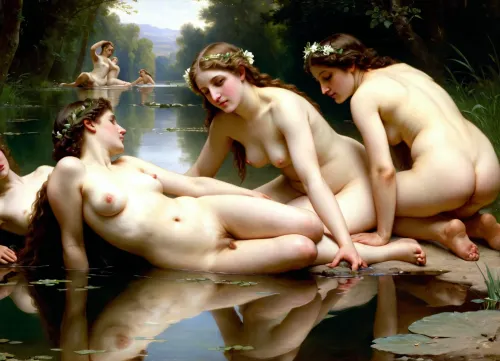 masterpiece, full color image, 8K quality, ""Nymphs and Satyr" by William Bouguereau, painted in 1873, the painting depicts a group of nymphs who, bathing naked in a secluded pond, discovered a voluptuous satyr peeping at them. Surrounding him from all sides, they drag the satyr, who is resting his hooves into the water, the aristocratic seductiveness of the nymphs is visible. Bouguereau's painting technique is characterized by soft transitions of tones and detail, which enhances the symbolism of the plot. The painting is made with oil paints