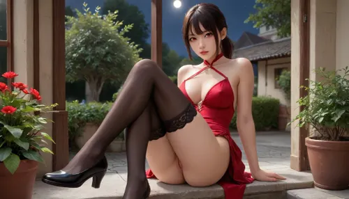 Night, date, date atmosphere, garden, asian woman, short black hair with ponytail haircut, beautiful red eyes, eye contact, full wet lips, short tight red dress, make up, black silk stockings, perfect legs in black stockings, front view, raised leg, tanned skin, juicy vagina, NEGATIVE_HANDS, green, eyes, blue, brown, perfecteyes, <lora:PerfectEyesXL:.8>, kooo123, koooenako, <lora:Enako_v1_XL:.8>, skirtlift, <lora:skirtlift_xl:.8>, breasts out, big boobs, large nipples, standing with one raised leg in stockings, crossed legs in stockings, pubic hair, black shoes and black stockings
