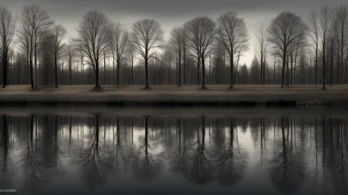 Several trees by the water with reflections. And in a black background.