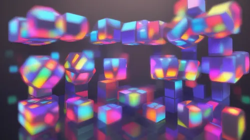 Several interlocking cubes with reflections and different colors. And on a black background.