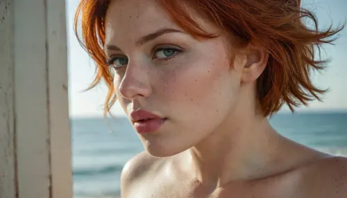sunny beach, woman, portrait, (big breast:1.5), red short hair, freckles, look to the viewer, scary face, side view, 4ng3l, face, <lora:SDXL_BetterFaces-LoRA_v1:2>