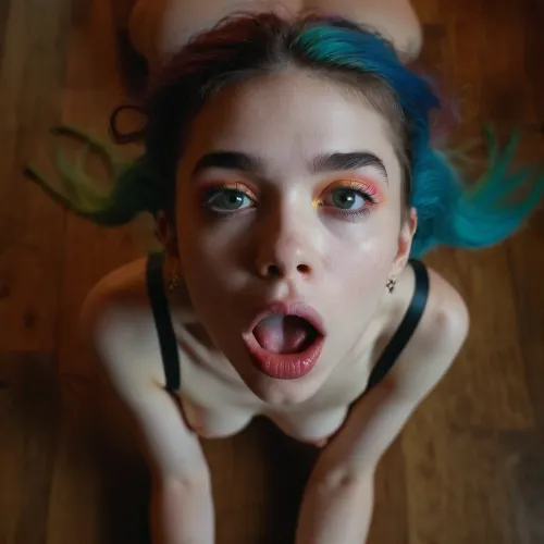looks like grimes, slave begging for food, skinny scared, submissive, on all fours, looking at viewer, colorful, view from above, over 18, mouth open tongue sticking out, better hair, cute