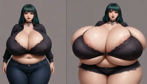 (((The most pefect Before and after sequence side by side in mulilple veiws:1.2), (of a woman that is showing off the extremely hyper fattening drastic changing enlarging effects of a extra mega thick extra fattening weight gain on a all ready absurdly perfectly extra mega thick very fatter very curvy extra mega thick wide plump chubby busty asian american goth woman:1.5))), (she has the most absurdly unreal perfect mega hyper gargantuan sized fat plush growing boobs:1.3), (absurdly hugely hyper Immense fat breasts expansion:1.4), (the most absurdly hyper gargantuan expanding swelling enlarging so much more larger fat boobs:1.5), (she is growing so much many times more hyper extra mega thicker extra plumper extra fatter:1.2), (her so much more hyper enlarging fatten up perfect hyper busty hourglass body figure:1.3), (best face:1.3), ripping her clothes from her most fattening body growth, beautiful, (well-defined most sexy engorging ample ultra mega busty thick fat voluptuous curvy woman:1.2), her progression fatter is increasing her extra voluptuous sexy extra fat body, ((the volume of her massive fat breasts and massive fat ass increasing greatly in many sizes with her extra plush extremely extra fattening growth so much more extremely extra massively extra mega thicker extra bustier and extra fatter:1.5)), <lora:Venus_Body_Alpha:1.4>, <lora:InflationXL:1.5>, <lora:bottomheavy_v1_sdxl_tags:1.3>, <lora:milkers_v2:1.6>