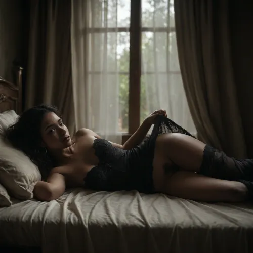 masterpiece, best quality, ultra HD, hyper-realistic, high res, ultra realistic 8k cg, The scene takes place on a king size victorian canopy bed, A beautiful petite African lady with black hair styled with a pony tail and fringe, (She is wearing a tight very short pink and black satin Cheongsam dress:1), She has dark smooth skin, no panties, hairy pussy, very seductive look, (She is relaxing on a canopy bed looking very seductive), It is nighttime and the patio is lit by a small candle on a nearby table, <lora:dark:.5>