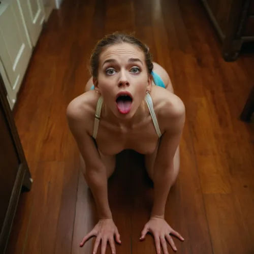 white slave begging for food, skinny scared, submissive, on all fours, looking at viewer, colorful, view from above, over 18, mouth open tongue sticking out, better hair, cute, back view, full body