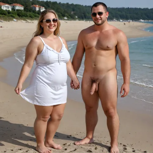 One Woman and one man, short chubby woman, woman obese, woman cute face, woman young, woman smiling, woman wearing one piece white swimsuit, woman wearing sundress, woman light blonde, man very tall, man fully naked, flaccid cock, full body view, holding hands, beach, sunny day, sunglasses