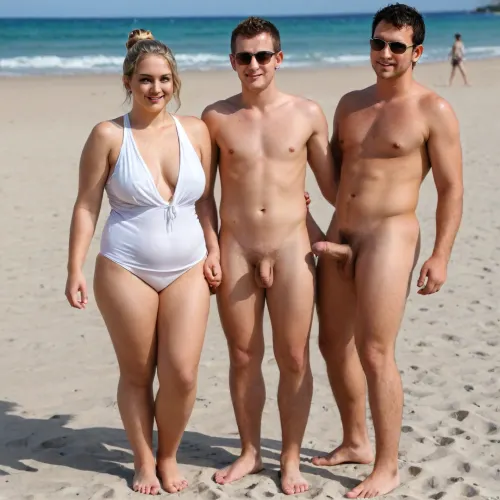 One Woman and one man, short chubby woman, woman obese, woman young, woman smiling, woman wearing one piece white swimsuit, woman wearing open robe, woman light blonde hairbun, man very tall, man big, man slender, man fully naked, flaccid cock, cfnm, full body view, holding hands, beach, sunny day, sunglasses