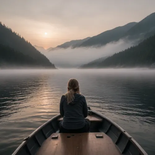 35 years old woman, long blond wavy hair, sitting on a boat fishing, boat on a lake, thick fog on the lake, forest on the back, mountains in the background, sunrise behind the mountains, side view of the boat, boat in the middle of the lake, (spectator very far from the boat:1.8), (dark night:1.2)