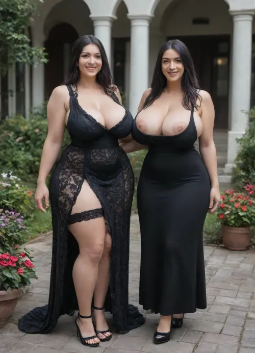 two 40 year old woman, two woman, (sexy big saggy breasts:1.5), large waist area, (two tall and large thigh curvy woman:1.7), very healthy tits, wide hips, round buttocks, (smiling:1.3), chubby, (Layers for Straight black Hair:1.4), full lips, full length, (They are wearing sexy different lace dresses:1.8), sexy, (sexy cleavage and visible nipples area:1.2), laugh out loud, Casual sitting, not nude, not naked, (bridal garter:1.2), Walking on the home garden, Casual home garden walk, Strolling along the home garden, home garden walk, Their face is looking at the viewer, eyes looking at the viewer