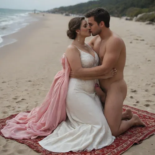 Beach cfnm scene, naked man with hard cock, (man naked:1.5), man young, man tanned, man slim and tall, (woman in long elegant dress:1.5), woman old, woman obese, womand blond hair, cuddling on blanket, kissing, full body view, sunny day
