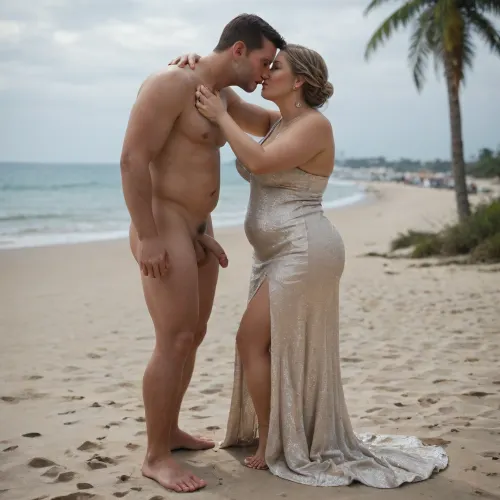 ((Beach)), naked man with flaccid cock, (man naked:1.5), man young, man tanned, man slim and tall, (woman in long elegant dress:1.5), woman old, (woman obese), womand gray hair, man kissing woman's hand, man with camera, full body view, sunny day, happy