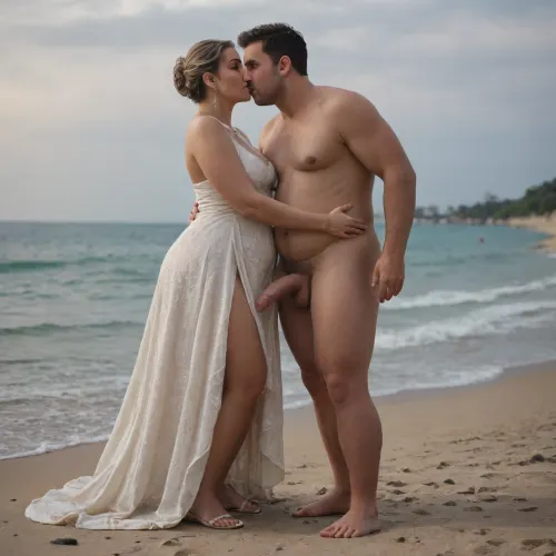 ((Beach)), naked man with flaccid cock, (man naked:1.5), man young, man tanned, man slim and tall, (woman in long elegant dress:1.5), woman old, (woman obese), womand gray hair, man kissing woman's hand, man with camera, full body view, sunny day, happy