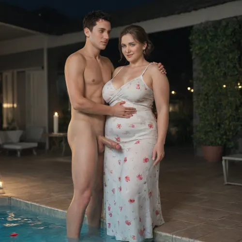 Pool, nighttime, dim lighting, candles, (one man and one woman:1.5), tanned naked man with flaccid cock, man wet hair and body, man dripping wet, obese milf in floral sundress, white stockings, hairbun, woman groping cock of man, another naked man is serving drinks, full body view, happy, petals, drinks