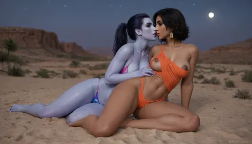 2 women, (pharah amari from Overwatch), (blue skin widowmaker with from Overwatchn), colorful racerback swimsuit, desert, night, moon, big breast, (wide hips:1.6), Athletic body, (muscular shoulders and arms:1.4), thick lips, plump lips, laying, kissing.