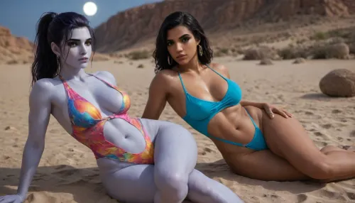 2 women, (pharah amari from Overwatch), (blue skin widowmaker with from Overwatchn), colorful racerback swimsuit, desert, night, moon, big breast, (wide hips:1.6), Athletic body, (muscular shoulders and arms:1.4), thick lips, plump lips, laying, posing together.