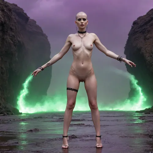 {Cinematic picture, high contrast, wide view, realistic photography, bald head, woman in front of a dark spaceship, outdoors on a dark planet, distant view of dystopian planet, hostile robots, green-sparks in the air, meandering stream of glowing steamy purple liquid, dystopic atmosphere, scene of very windy dusk with purple light}, {Full body portrait, average woman 40 y.o., very skinny, tall height, white-greyish plastic skin, black mascara, shaved head, very flat small breasts, round areola, very wide hips, shaved pussy, big labia, naked, dressed in a long transparent rubber robe, ultra high-heeled sandals, big chain necklace, big chain bracelets, neck chained to a hostile alien}, {Dancing gestures, streching, leaning forward, leaning back, dance poses}, {woman as dystopic human-slave}, <lora:finenude_v0_2a:2>