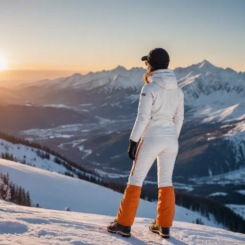 On top of a mountain background, woman alone, 35 years old woman from behind, character on the left of the screen, standing position, setting orange sun, (white, (boots, ski pants, ski jacket, mountain gloves)), mountain hat, mountain sunglasses, view of a valley, sharp mountain in the distance, snow-capped mountains