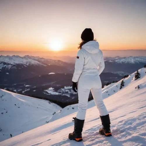 On top of a mountain background, woman alone, 35 years old woman from behind, woman on the left of the picture, standing position, setting orange sun, (black mountain boots, white ski pants, white ski jacket, mountain gloves), mountain hat, mountain sunglasses, view of a valley, sharp mountain in the distance, snow-capped mountains