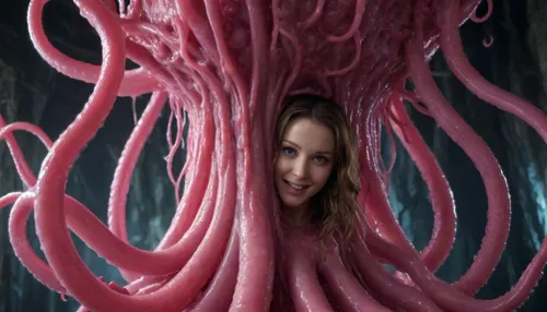 only thing to see are tenticles, mass amount of dripping cum, everything wet and slippery, deep inside massive dark pink tenticle hive, tenticles sliddering about, massive amount of tenticles, submerged in tenticles, fully enclosed by fleshy walls, hyper tenticles everywhere, tenticles all around, cum everywhere, restrained by tenticles, extreme tenticle chaos, she is smiling, view from above, squid like monster
