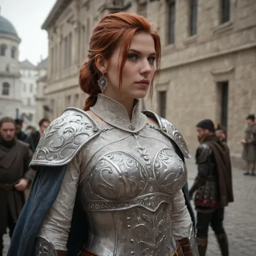 Aveline Vallen from Dragon Age II, tall and imposing warrior with a strong athletic build, fair skin, auburn hair tied back for battle, piercing blue eyes, expression stern but protective, large bimbo breasts. Wearing her iconic heavy armor, steel plate with red and silver detailing, cloak bearing Kirkwall’s crest. Standing proudly in a city courtyard or atop Kirkwall’s walls. Ultra-realistic high fantasy art, highly detailed, cinematic heroic atmosphere, commanding and noble presence.