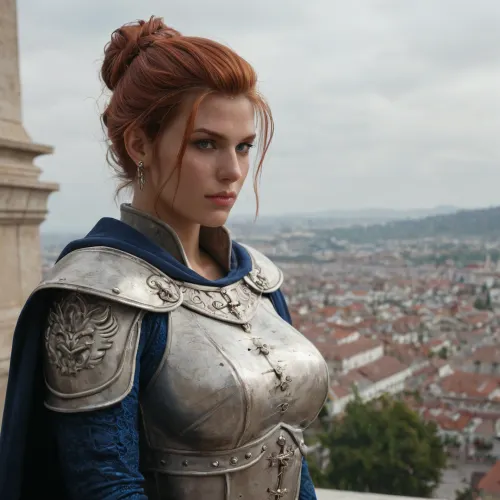 Aveline Vallen from Dragon Age II, tall and imposing warrior with a strong athletic build, fair skin, auburn hair tied back for battle, piercing blue eyes, expression stern but protective, large bimbo breasts. Wearing her iconic heavy armor, steel plate with red and silver detailing, cloak bearing Kirkwall’s crest. Standing proudly in a city courtyard or atop Kirkwall’s walls. Ultra-realistic high fantasy art, highly detailed, cinematic heroic atmosphere, commanding and noble presence.