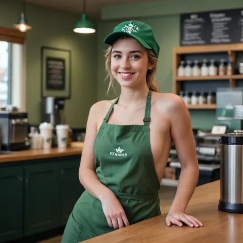 20 year old British woman wearing only a green apron and green cap, (naked, almost naked, leaning on a counter), smiling, holding a coffee, barista, in a coffee shop, Starbucks