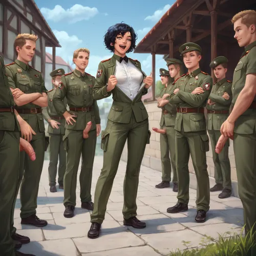 A barracks, a barracks yard, four soldiers standing in front of a woman. All soldiers are wearing field uniforms. All soldiers have short hair. All soldiers have open trousers, (open fly), normal penises, and the woman is quite excited by the many cocks. She is holding a soldier's cock in her hand. She looks happy. Full-length view, full-length shot, full-length view including the soldiers' faces, with other soldiers in the background., penis, <lora:xpenis-1.5e:.8>