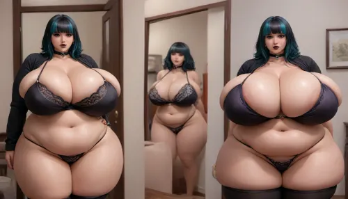 (((The most pefect Before and after sequence side by side in mulilple veiws:1.2), (of a woman that is showing off the extremely hyper fattening drastic changing enlarging effects of a extra mega thick extra fattening weight gain on a all ready absurdly perfectly extra mega thick very fatter very curvy extra mega thick wide plump chubby busty asian american goth woman:1.5))), (she has the most absurdly unreal perfect mega hyper gargantuan sized fat plush growing boobs:1.3), (absurdly hugely hyper Immense fat breasts expansion:1.4), (the most absurdly hyper gargantuan expanding swelling enlarging so much more larger fat boobs:1.5), (she is growing so much many times more hyper extra mega thicker extra plumper extra fatter:1.2), (her so much more hyper enlarging fatten up perfect hyper busty hourglass body figure:1.3), (best face:1.3), ripping her clothes from her most fattening body growth, beautiful, (well-defined most sexy engorging ample ultra mega busty thick fat voluptuous curvy woman:1.1), her progression fatter is increasing her extra voluptuous sexy extra fat body, ((the volume of her massive fat breasts and massive fat ass increasing greatly in many sizes with her extra plush extremely extra fattening growth so much more extremely extra massively extra mega thicker extra bustier and extra fatter:1.5)), <lora:Venus_Body_Alpha:1.4>, <lora:InflationXL:1.5>, <lora:bottomheavy_v1_sdxl_tags:1.3>, <lora:milkers_v2:1.6>