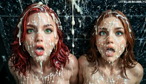 Natasha Romanoff, Black Widow, 2 girls, animation, comic, canonical image, bright green eyes, dark black long hair, red lips, cute face, athletic body, big hips, slim waist, thin black boots, night city, yellow light, (cum everywhere), popup, (Cum on hair:1.6), vaginal sex, (cum on face:1.5), (cum on body:1.4), (extreme massive bukkake:1.3), Semi thick, whitish, translucent, semen, shocked, nonplussed, ral-frozenslime, spitbubbles, littlebubbles, spitstring, <lora:shocked:.8>, <lora:ral-frozenslime-sdxl:1.3>, <lora:Spitbubbles:1.1>, <lora:add-detail-xl:.8>, <lora:Hegre-Nude_woman-000001:2>