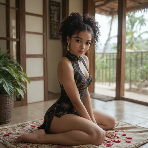 The scene takes place on the patio of a 5 star hotel on a warm tropical evening, A petite African lady with black hair styled with a pony tail and fringe, She is relaxing with a glass of white white wine leaning back into a ratan lounger, She is wearing a tight black mini skirt with a black Cheongsam top, The Cheongsam top has large pink petals printed on it, She has black skin and a gentle seductive smile, It is dark and the patio is lit by a small patio light