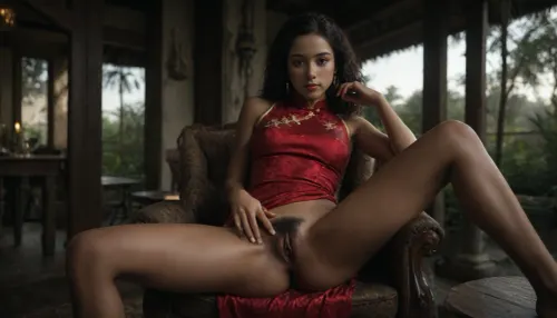 masterpiece, best quality, ultra HD, hyper-realistic, high res, ultra realistic 8k cg, The scene takes place on the patio of a 5 star hotel on a warm tropical evening, A petite mature African lady with black hair styled with a pony tail and fringe, She is wearing a tight short, pink and black, Cheongsam dress, She has dark smooth skin, no panties, hairy pussy, very seductive look, (She is relaxing in a ratan chair outside looking very seductive), It is nighttime and the patio is lit by a small candle on a nearby table, looking at viewer, <lora:dark:.5>