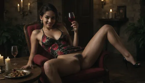 masterpiece, best quality, ultra HD, hyper-realistic, high res, ultra realistic 8k cg, The scene takes place on the patio of a 5 star hotel on a warm tropical evening, A petite 60 year old aging mature African granny with black hair styled with a pony tail and fringe, She is wearing a tight short pink and black floral Cheongsam satin dress, She has dark smooth skin, no panties, very seductive look, Hairy pussy, Laughing, (She is relaxing in a rattan chair), (A handsome waiter holding a tray is serving her a glass of wine:1.1), It is nighttime and the patio is lit by a small candle on a nearby table, looking at viewer, <lora:dark:.5>