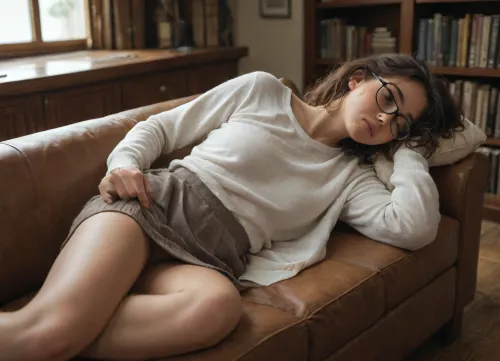 Normal looking college girl, messy brown hair, glasses, short skirt, in the library, asleep on a couch, no panties