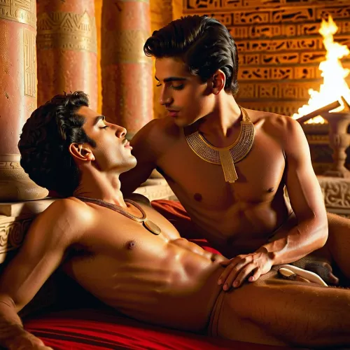 Two beautiful and androgynous youthful Egyptian boys both in the same age of 18 years are on an antique Egyptian bed in an antique Egyptian palace having gay sex, both seen completely from their heads to their toes, Both Egyptian boys are 18-years-old, they have jewels braided into their long black hair, they beautiful made-up eyes and red lips, and Both boys are slim and youthful, their flat boyish youthful chests are both nude except some jewelry, both are fully nude, kissing each other, touching each other's body, hugging each other, grabbing each other, fondling each other, masturbating each other's dick, fingering each other's ass, sex full of passion and intimacy and horniness, male genitals and penis and balls and buttocks are visible, no body hair, The two Egyptian boys are passionately and deeply kissing each other, they are horny, they touching and hugging and grabbing and fondling the other's body everywhere passion and intimacy. Gay love, horny, aroused, On a bed in the luxurious interior of an ancient Egyptian palace at night poorly illuminated by the flickering light of burning torches and fire bowls and incense bowls, Photo-realistic and detailed, Both are completely visible, complete view
