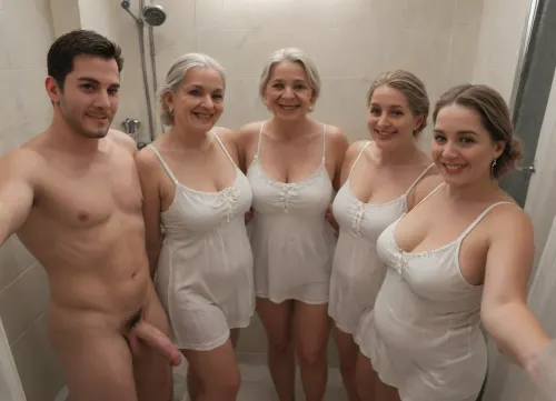 (Group of slim naked boys taking shower), hard cock. happy obese granny in long sundress posing. selfie