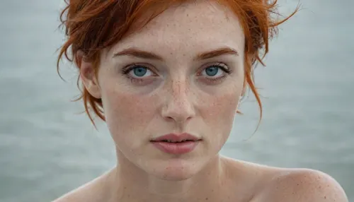 irish milf, 50 years old, red hair, short hair, angel like face, narrow face, high cheekbones, slight overbite, (freckles:1.5), perfect makeup, firm round breasts, nude, white skin, seductive smile, light blue eyes, beach background, photographers lighting, 4ng3l, face, perfecteyes, <lora:SDXL_BetterFaces-LoRA_v1:1>, <lora:lora-sdxl-perfect-eyes:1>, <lora:Realistic_People_V1:.9>