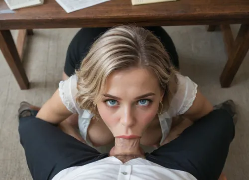 (score_9, score_8_up, score_7_up, UHD 8K, masterpiece, best quality, maximum details, natural light, extreme realism, cinematic still), A 29-year-old secretary kneeling under the desk, choker, her hands on his thighs, high heels, beautiful, braless bare breasts under her unbuttoned open white blouse, (sagging breasts:.8), gives a blowjob to a man in a office under table, a man is sitting in a chair, butt up, view from above, the butt is sticking out from under the table, short office skirt hiked up, deepthroat blowjob, blonde short hair, eager, submissive, detailed, (deepthroat:1.5), (((pov))), pov_deepthrt, deepthroating, a, man's, penis, blsdp, <lora:concept_pov_dt_xl2-000020:.8>