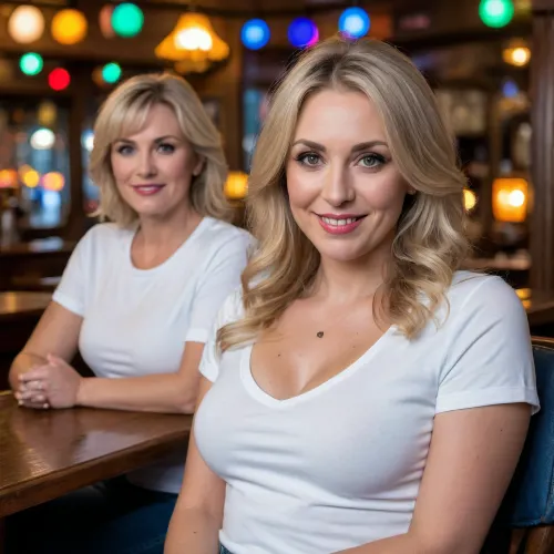Two 58 year old mature women, Photo of two pretty women with beautiful captivating eyes and blonde hair, Nikon Z9, realistic matte skin, skin texture visible, (sharp focus), (high quality), (face visible), masterpiece, best quality, detailed, high res, realistic, (pov, face-to-face, front view:1.4), wavy hair, bangs, oval face, light makeup, (white T-shirt, denim s:1.3), braless, big breasts, exposed navel, fair and smooth skin, (in the pub, colorful lights, dim environment:1.4), smiling, (sitting in a chair, hands on the table, cocktail:1.5), best light, ray tracing, detailed shading, from front, excellent light and shadow., <lora:add-detail-xl:.8>