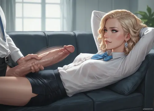 1boy, 1girl, side view, score_9, score_8_up, score_7_up, man laying on sofa in psychologist office, hands behind his head, huge dick, girl in unbutonned blouse are jerking of his cock, handjob, fast strocking, motion blur, biting her own lips