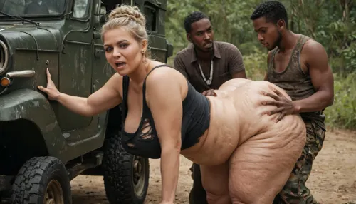 a beautiful, white, extreme fat, obese, (little bit cellulite), fattened 40 years old, ssbbw milf, (wears only a torn top), with a fat, double chin face and long blonde hair is hard and deep groped in her fat belly from behind by two young, angry, horny, skinny black african native boys, on a safari jeep in the african savannah
side view
close up
show only black boys !!!