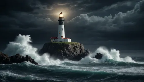 A dark and stormy ocean at night with powerful waves crashing. In the middle of the ocean, there is a large rock formation with a lighthouse standing on top. The lighthouse shines a bright beam of light through the darkness, illuminating the stormy night sky
