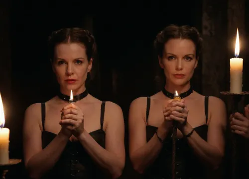 (((bdsm scene))), two queen slaves 50-years old, holding candels in both hands