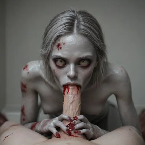 (monstrous woman:2), (5 fingers), (skinny:1.4), (blowjob:1.5), (blood is flowing:1.6), (white man on the floor), (white hard thick cock, white ultra large cock), (view from below, bending forward:1), (gray hair:1.8)
