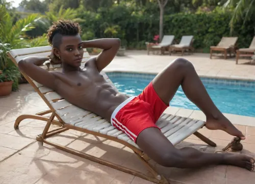 full body view, tropical sunlight, (full body view:1.8), 3/4 side view, wearing red swim shorts, big bulge in shorts, Fem-boy, 18 years old, petite and thin, no abs, no pecs, twink, (young:1.4), black skin, (black skin:1.3), black hair, short hair, very clear black eyes, detailed eyes, seductive face, handsome, very feminine face, spread legs, arms raised, hands behind head, hands playing with hair, lying on back on on a lounge chair, sunbathing poolside in a lounge chair, thai tropical hotel pool, sunny day, sunlight on skin, spiky, hair, burr, cut, buzz, crew, comb, over, faux, hawk, highandtight, mohawk, quiff, textured, fringe, penis, <lora:Modern_male_hairstyle_-_SDXL_v3:1.7>, <lora:TwinksAnatomyXL_v1.0:2>, <lora:Cute_male_model_v2:1.4>, <lora:xpenis-1.5e:1.4>, <lora:289505_training_data:1.9>