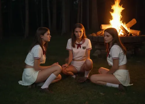 It's night, a clearing in the forest, several beautiful, sweet, slender girls in scout uniforms are sitting on the grass near the campfire, facing the camera, their knees are raised, their legs are slightly apart, ((One leg is raised, white panties visible)), so that panties are visible under their skirts, ((panties are visible under skirts:1.3)), a dark background, the figures of the girls are illuminated by the campfire, High detail, excellent image quality